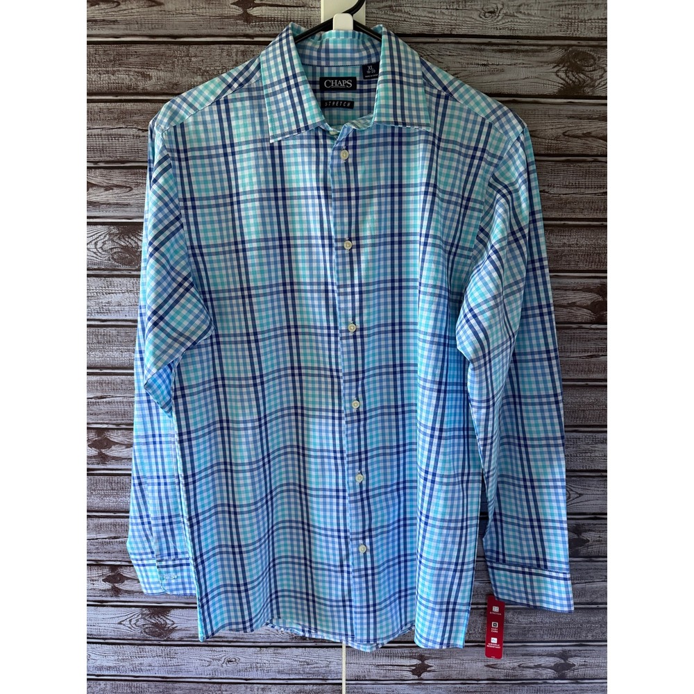Chaps Men's Stretch Long-Sleeved Button-Down Shirt Sz XL Blue White Gingham NWT